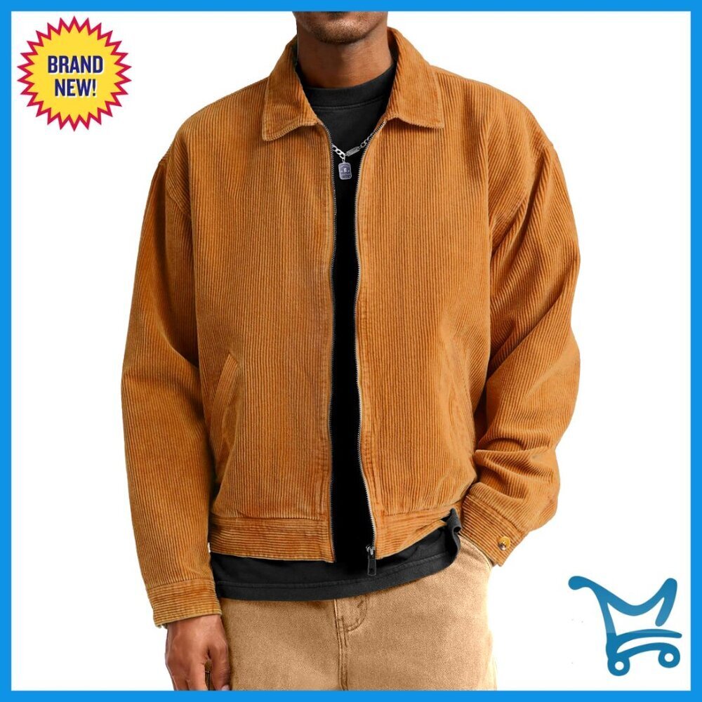 Men's Corduroy Bomber Jacket with Silky Lining, Metal Zipper, Adjustable Cuffs